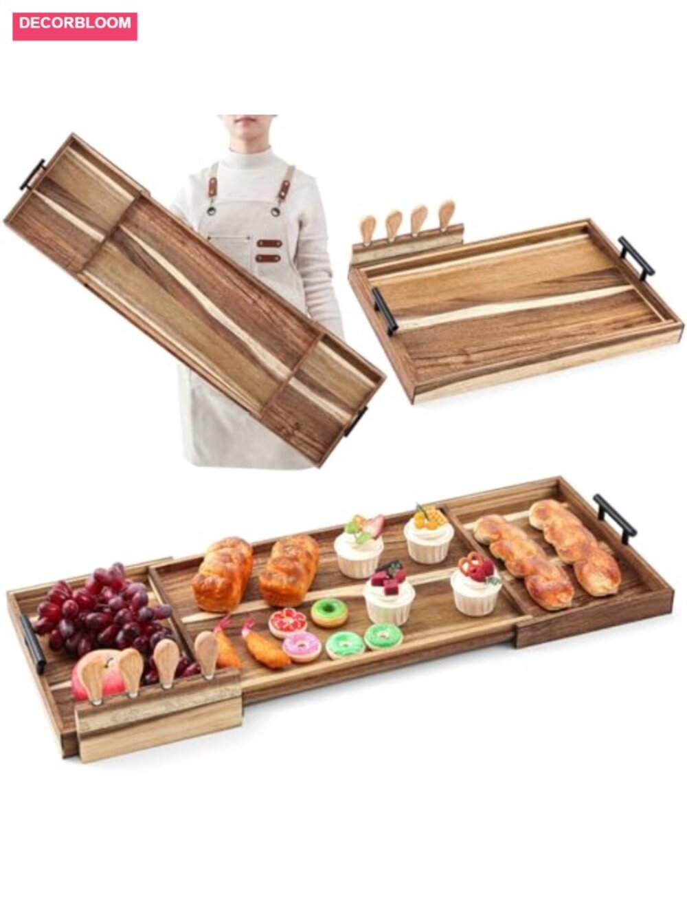 Acacia Wood Expandable Charcuterie Board 19.6-36 in Pull Out Serving
